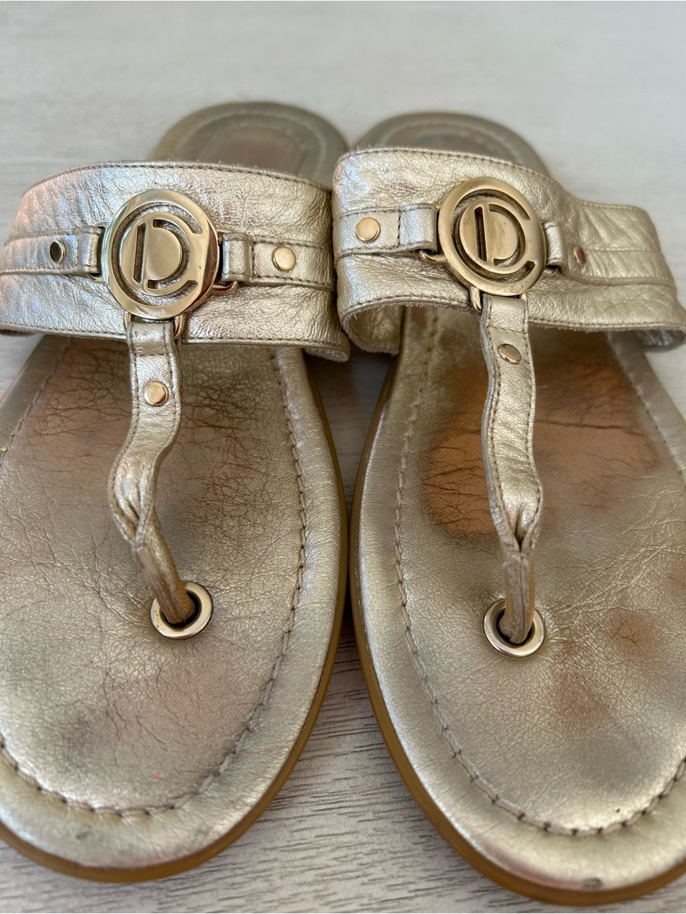 Dior Metallic Gold Leather Thong Sandals with Signature Logo